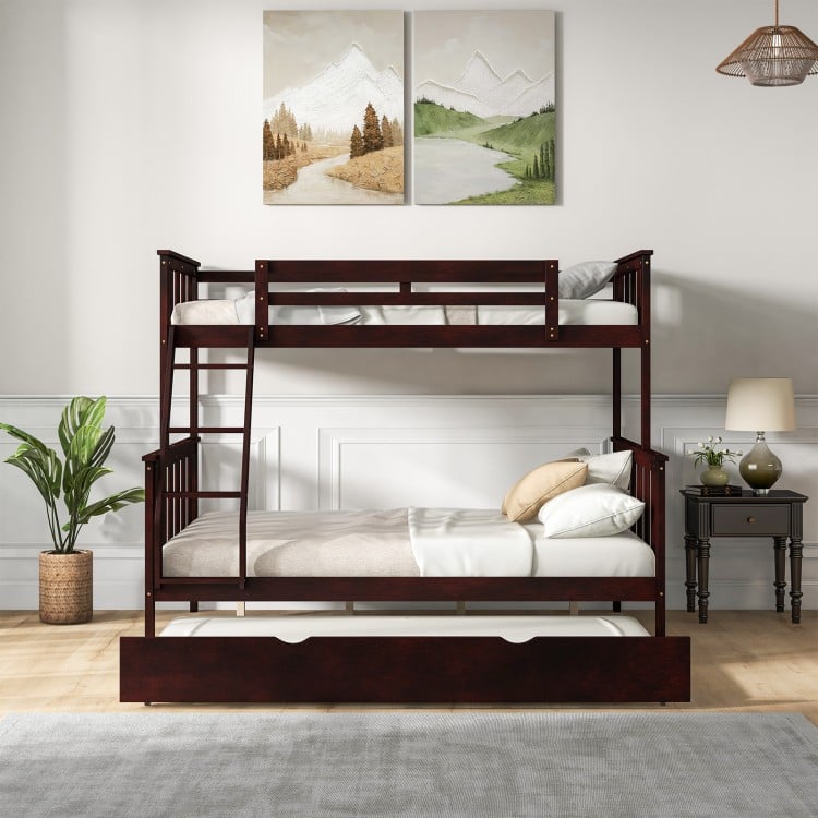 Twin over full bunk bed in espresso with trundle, sturdy wooden slats, and ladder, ideal for space-saving in homes.