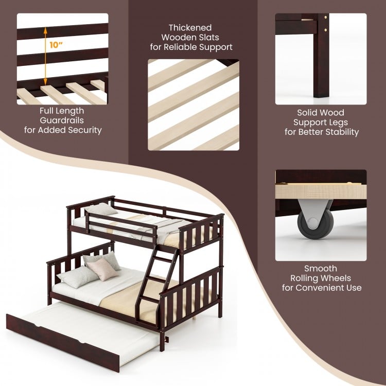 3-in-1 twin over full bunk bed in espresso with trundle, featuring thickened wooden slats and solid wood support legs.