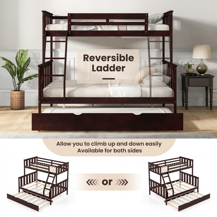 Twin over full bunk bed in espresso with reversible ladder and trundle, ideal for space-saving in homes or dorms.