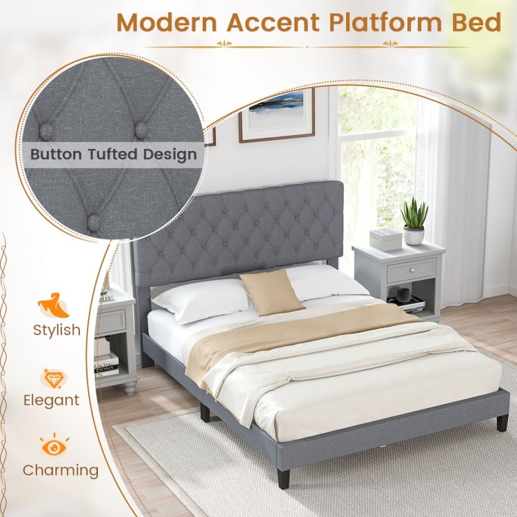 Queen size upholstered platform bed with button tufted gray headboard, designed for comfort and modern bedroom.