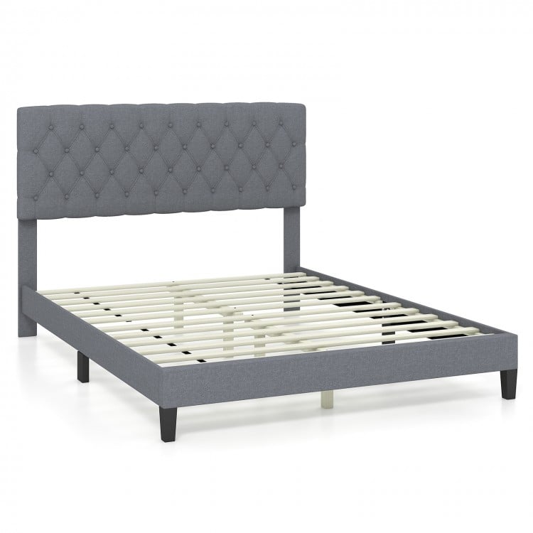 Queen size upholstered platform bed in gray with button tufted headboard and solid wooden slats for stability and style.
