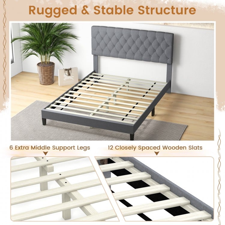 Queen size upholstered platform bed with gray tufted headboard and wooden slats, ideal for modern bedrooms and guest.