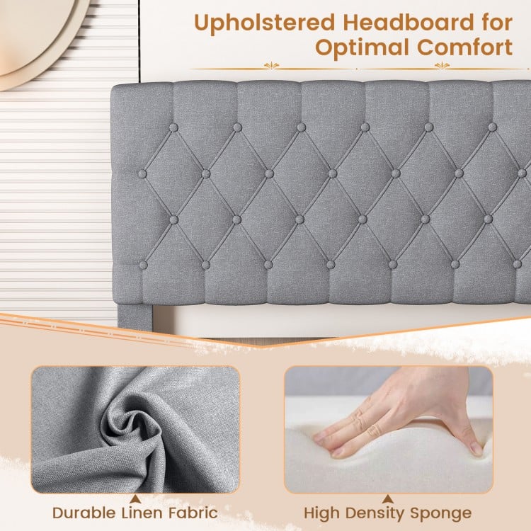 Gray upholstered headboard with button tufting, featuring durable linen fabric and high-density sponge for comfort.