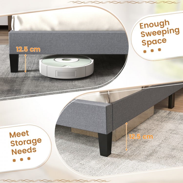 Queen size upholstered platform bed in gray with tufted headboard, featuring 12.5 cm under-bed storage space.