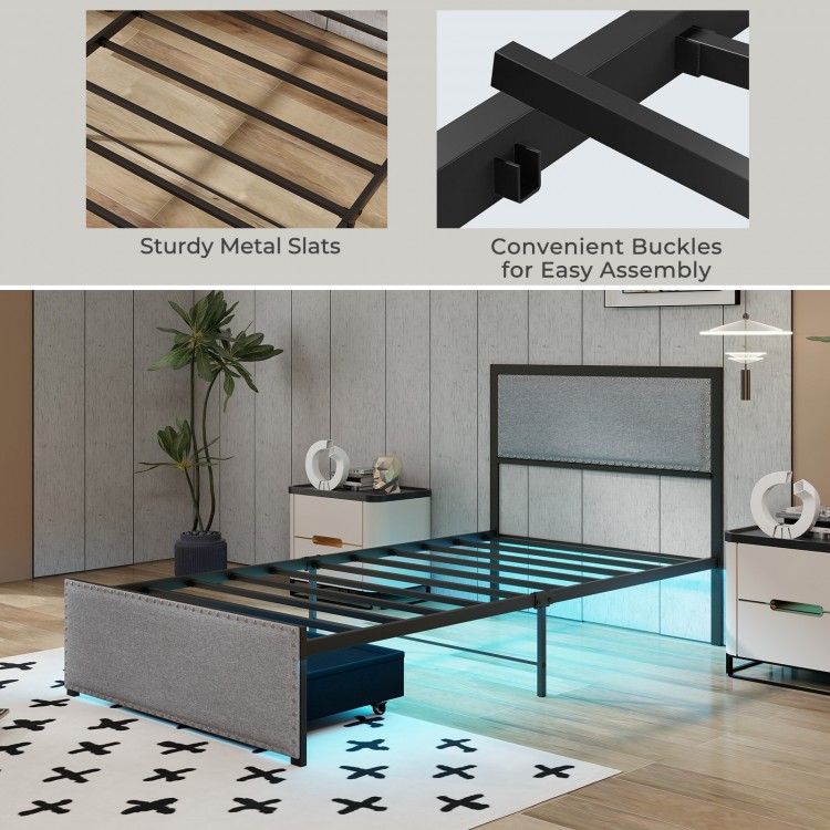 Close-up view of sturdy metal slats on a twin size bed frame, designed for up to 1000 lbs load capacity and stability.