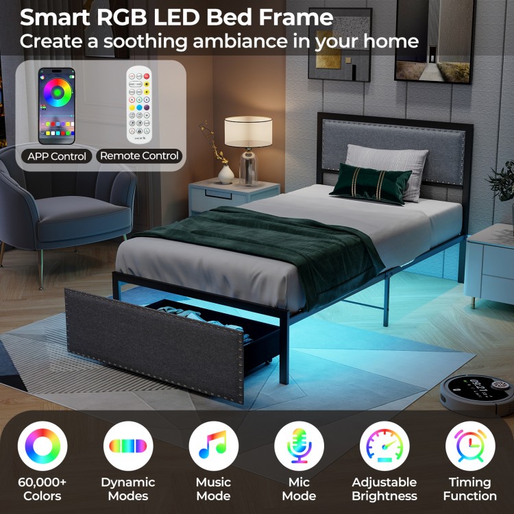Twin size bed frame with LED lights, upholstered in linen, featuring a rolling drawer for organized storage and.