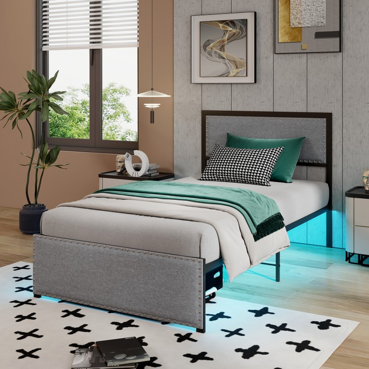 Twin size bed frame with LED lights, upholstered in linen fabric, featuring a rivet-decorated headboard and drawer.