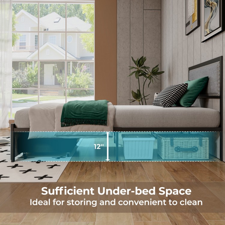 Twin size bed frame with LED lights, featuring 12" under-bed storage space for organized bedroom use.