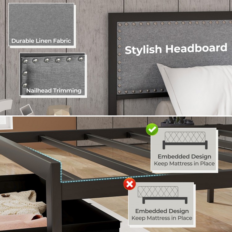 Stylish twin size bed frame with durable linen fabric, rivet-decorated headboard, and LED lights for added ambiance.