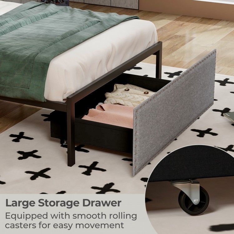 Large storage drawer with smooth rolling casters under a twin size bed frame, upholstered in breathable linen fabric.