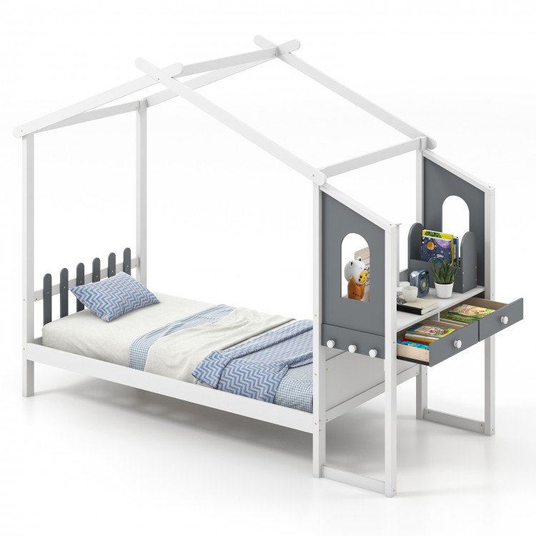 Twin bed frame with house roof canopy, solid wood, and storage drawers, perfect for kids' rooms and play areas.