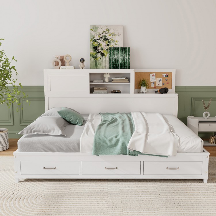 Twin/Full size wooden daybed with 3 drawers and storage shelves, featuring a modern design for organized living spaces.