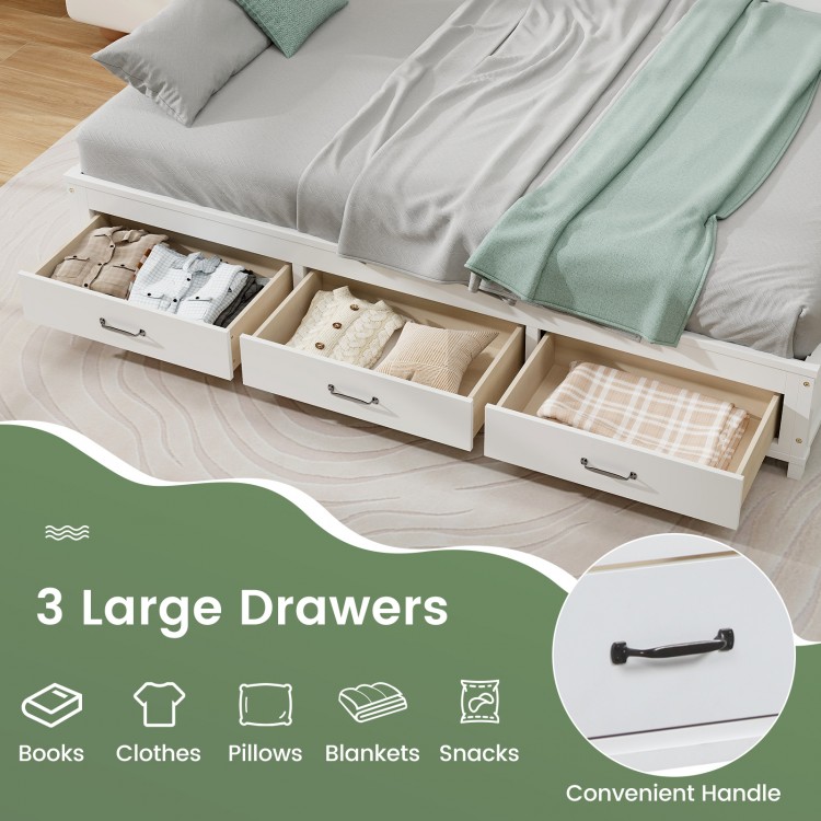 Twin/full size wooden daybed featuring 3 large drawers for organized storage of clothes, pillows, and blankets.