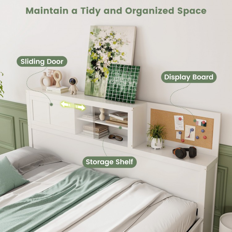Twin/full size wooden daybed with storage shelves, sliding door, and display board for organized living spaces.
