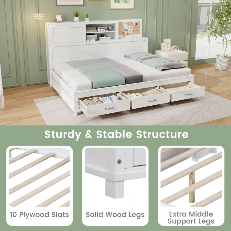 Twin/full size wooden daybed with 3 storage drawers and shelves, featuring solid wood legs and 10 plywood slats for.