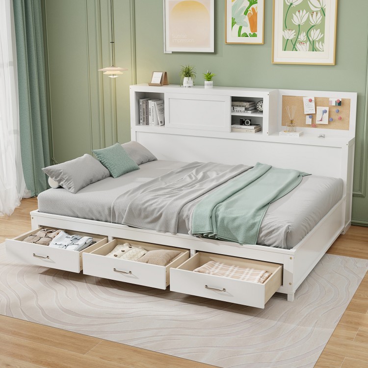 Twin/full size wooden daybed with a display board and sliding door, ideal for showcasing photos and notes in modern.