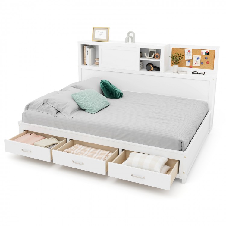 Twin/Full size wooden daybed with 3 storage drawers and shelves, modern design for organized living spaces.