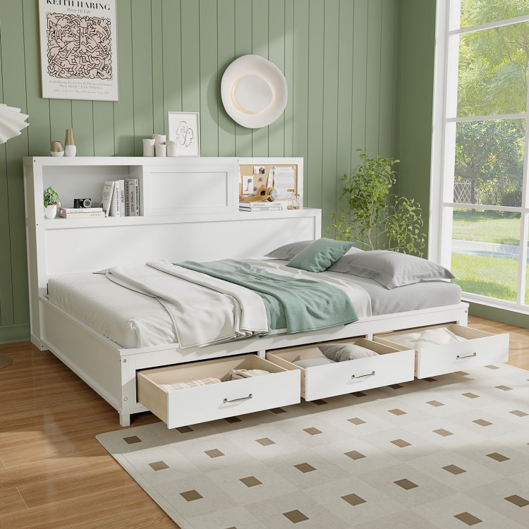 Twin/Full size wooden daybed with 3 storage drawers and shelves, featuring a modern design for organized living spaces.