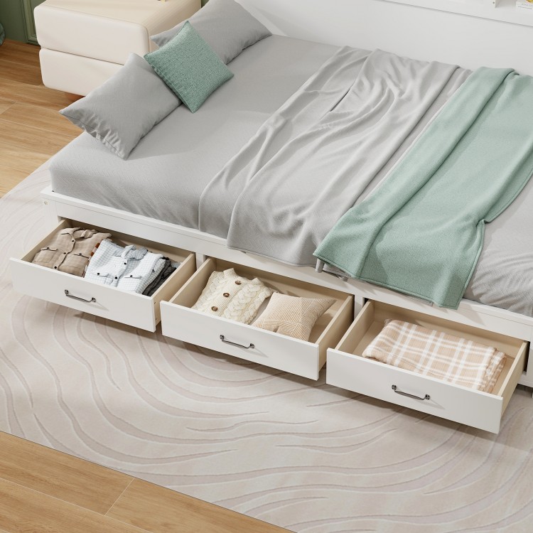 Twin/full size wooden daybed with 3 storage drawers, modern design, perfect for organizing blankets and pillows.