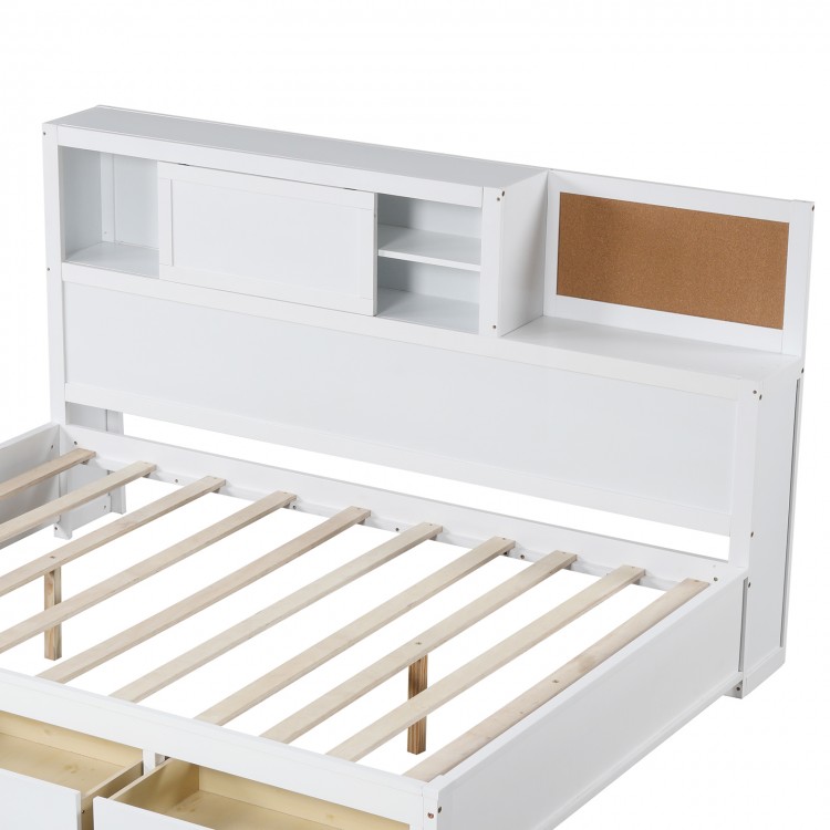 Twin/full size wooden daybed with storage shelves and 3 drawers, featuring a modern design for organized living spaces.