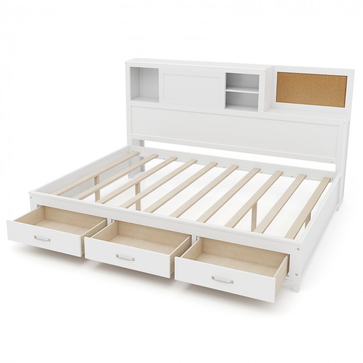 Twin/full size wooden daybed with three storage drawers and shelves, perfect for organizing clothes and blankets.