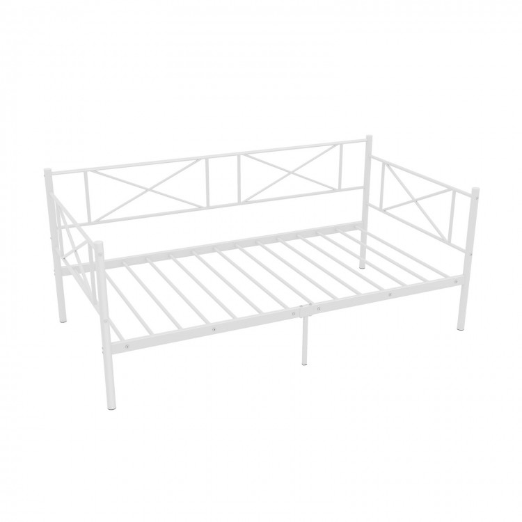 Twin size platform bed in white with heavy-duty metal frame, ideal for small spaces and stylish seating.