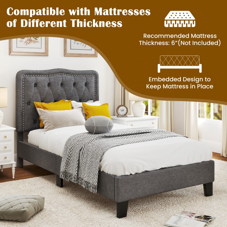 Twin size bed frame with 46-inch tall button tufted headboard in gray, featuring sturdy slats and under-bed storage.