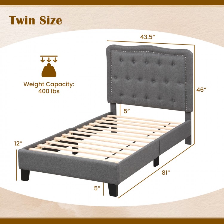 Twin size bed frame with gray button tufted headboard, sturdy plywood slats, and under-bed storage for optimal bedroom.