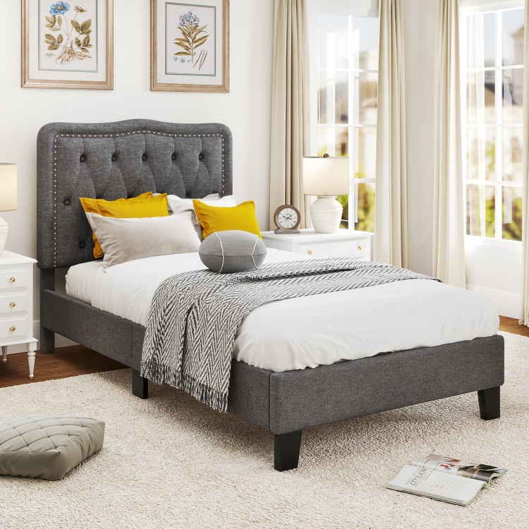 Twin size bed frame with a 46-inch tall button tufted gray headboard, featuring sturdy plywood slats and under-bed.