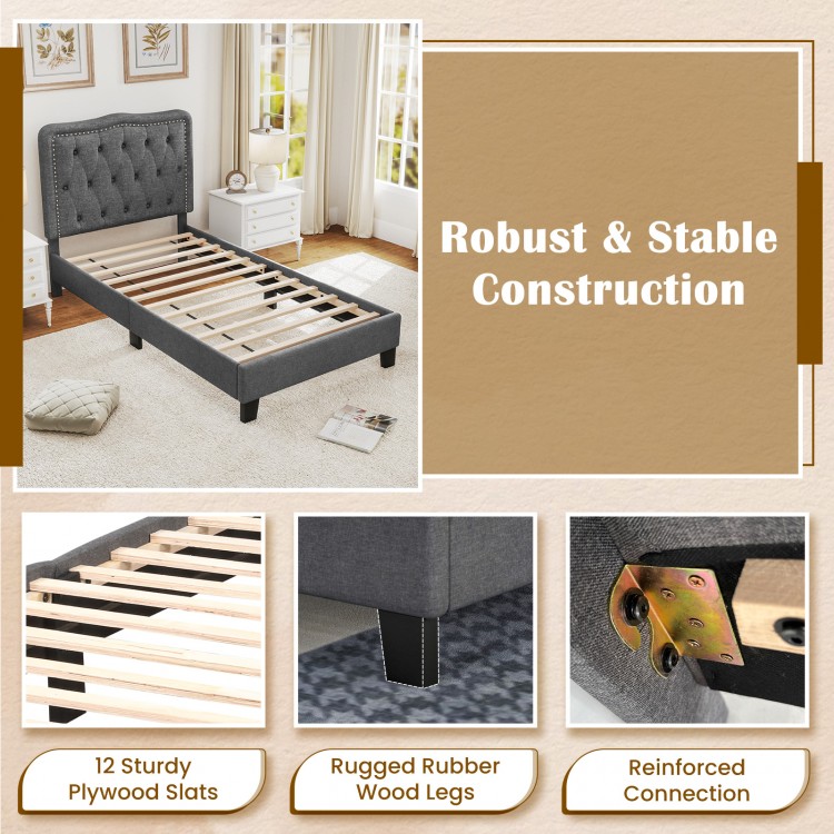 Twin size bed frame with gray button tufted headboard, sturdy plywood slats, and rugged rubber wood legs for stability.