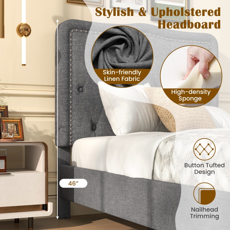 Twin size bed frame with a 46-inch gray button tufted headboard, featuring linen fabric and nailhead trimming for style.