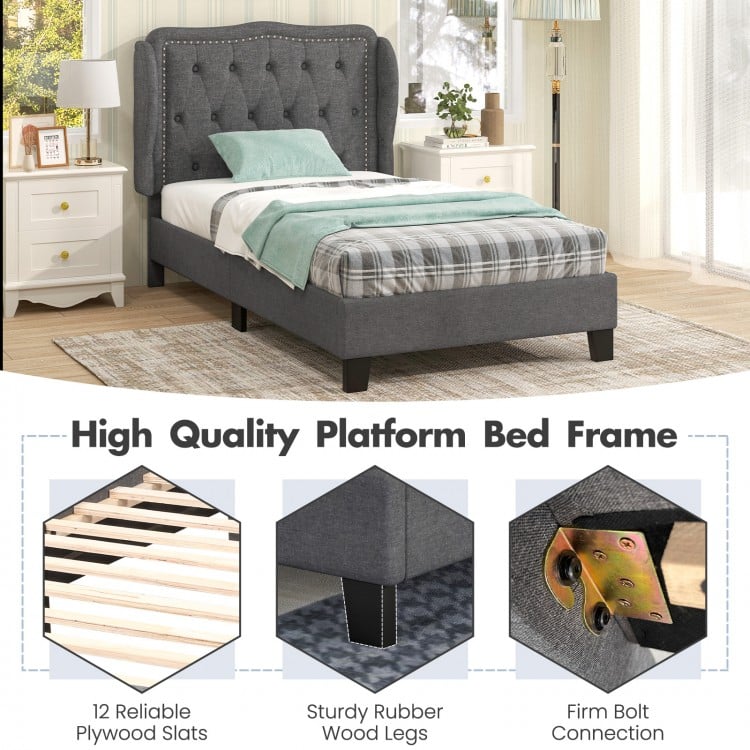 Gray twin size bed frame with sturdy rubber wood legs and firm bolt connection, perfect for long-term use and stability.