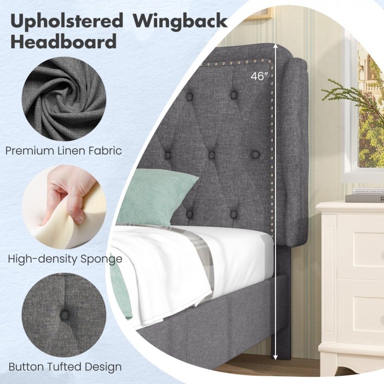 Twin size bed frame with gray button tufted wingback headboard and under-bed storage, featuring premium linen fabric.