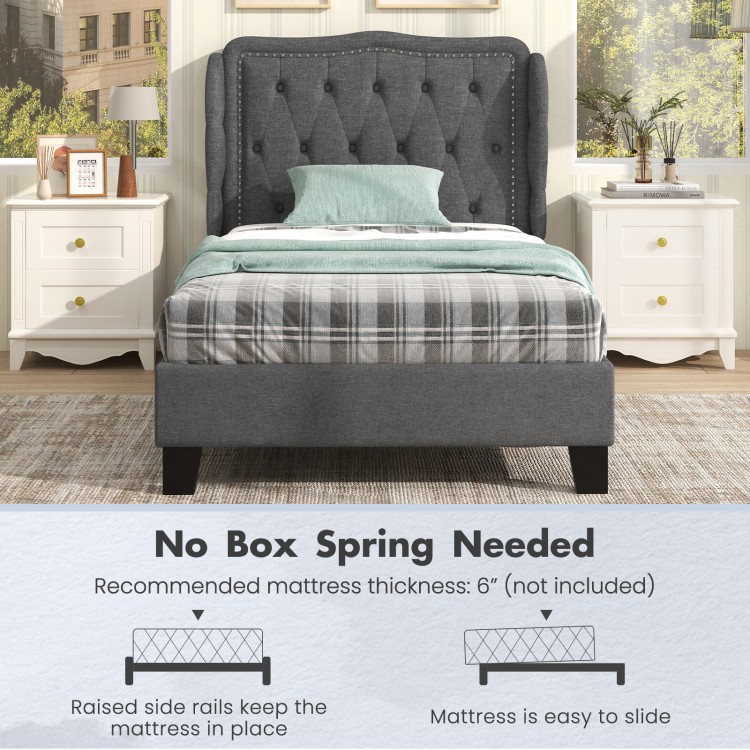 Twin size bed frame with button tufted wingback headboard in gray, featuring under-bed storage and no box spring needed.