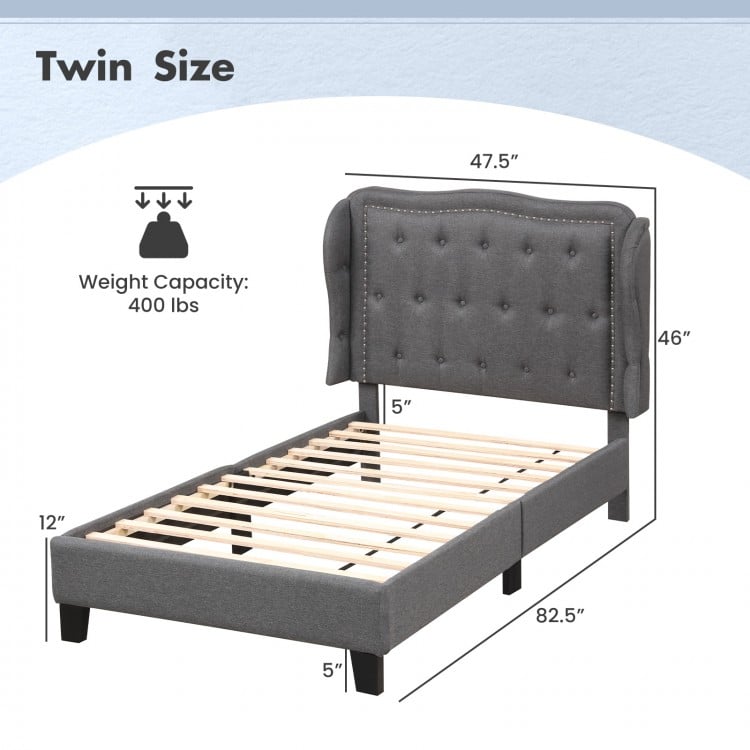 Twin size bed frame with button tufted wingback headboard in gray, featuring sturdy plywood slats and under-bed storage.