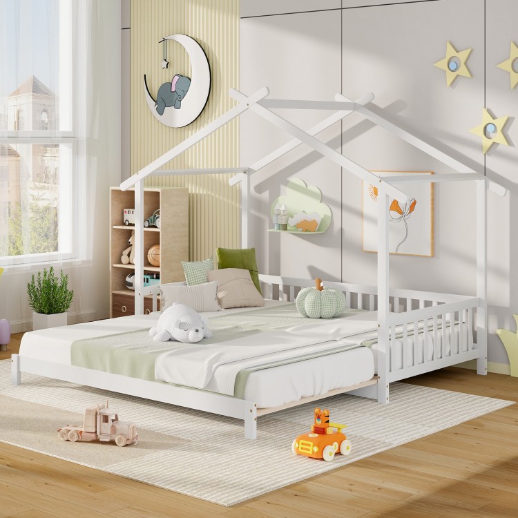 Whimsical white house bed with roof and fence rails, designed for twin to king size, perfect for kids' rooms.
