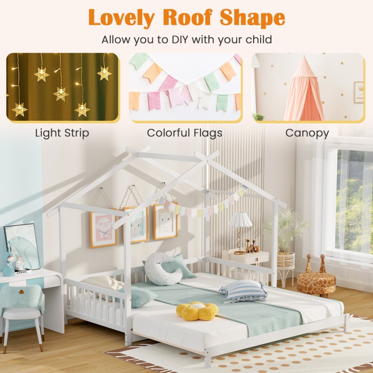 Extendable house bed in white with roof and fence rails, perfect for kids' rooms and DIY decorations.