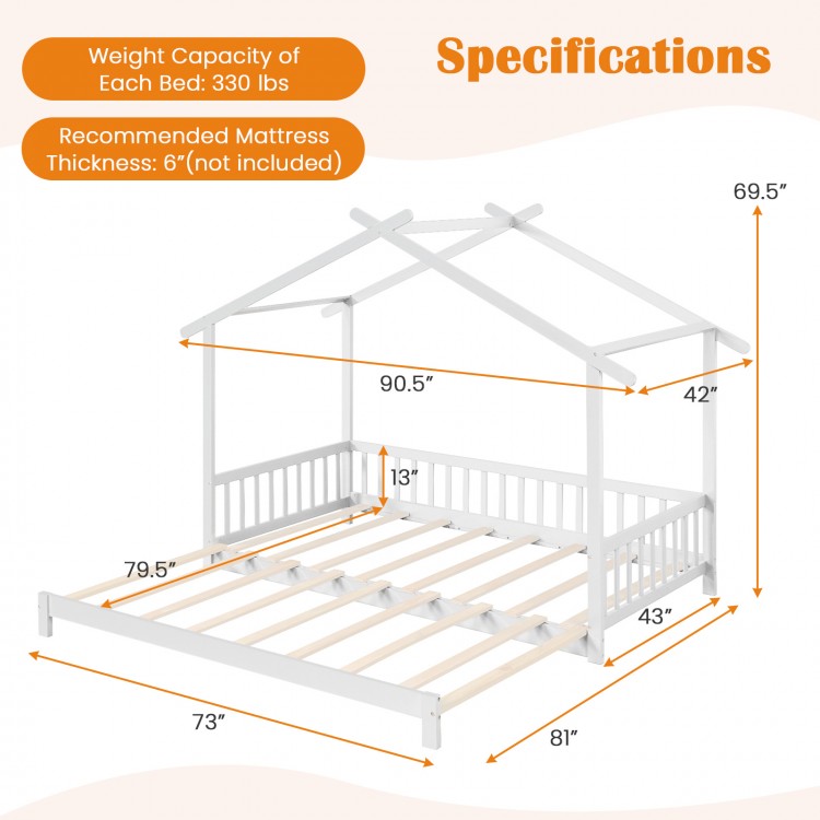 Extendable house bed in white with roof and fence rails, designed for twin to king size, ideal for kids' rooms.