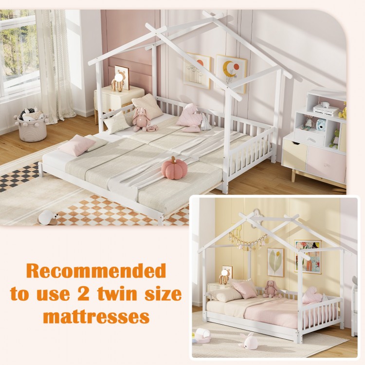 Extendable house bed in white, designed for twin to king size use, featuring a whimsical roof and safety guardrails.