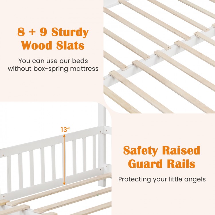 Close-up of sturdy wood slats and safety raised guard rails on a white extendable house bed for kids' safety.