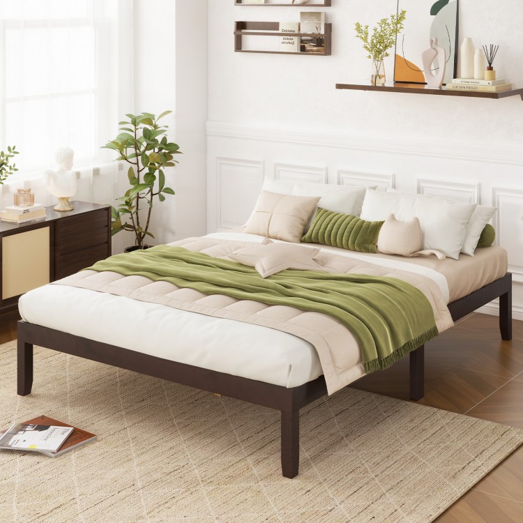 Espresso full wood bed frame with wooden slats, featuring sturdy construction and minimalist design for stylish storage.