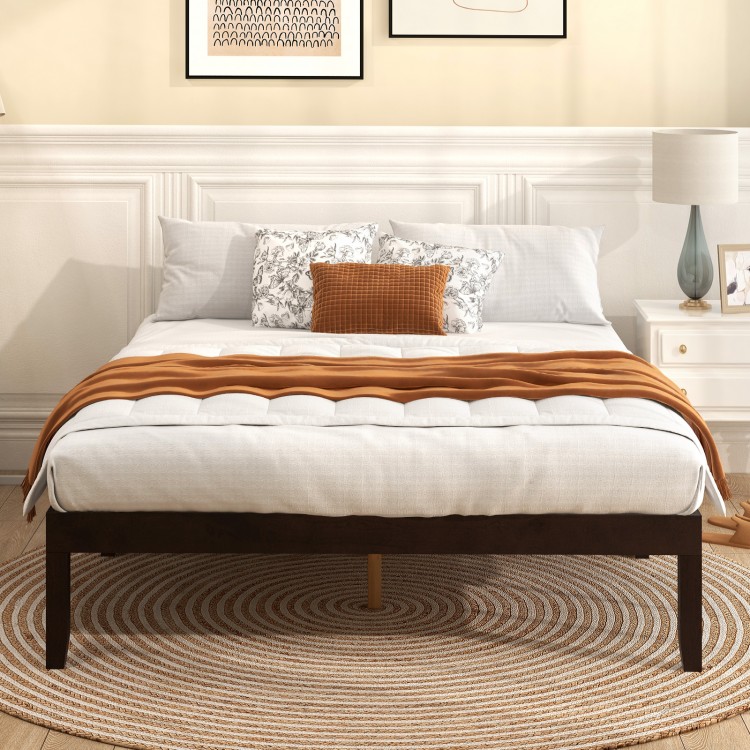 Full wood bed frame in espresso with wooden slats, featuring a minimalist design and ample under-bed storage space.