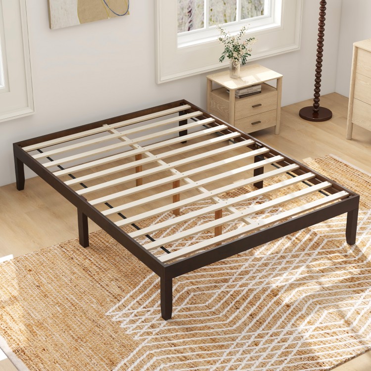 Full wood bed frame in espresso with wooden slats support and rubber wood legs, designed for sturdy stability and.