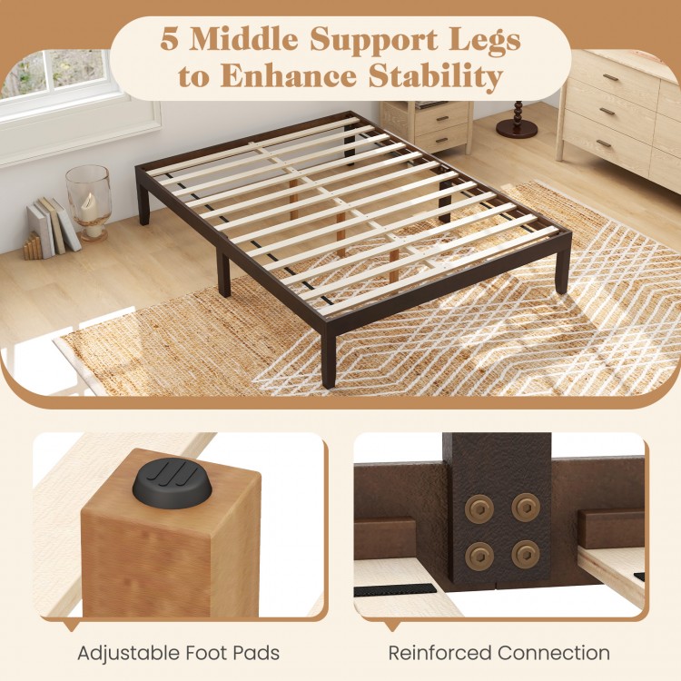 Full wood bed frame with wooden slats and rubber wood legs in espresso, featuring 5 middle support legs for enhanced.