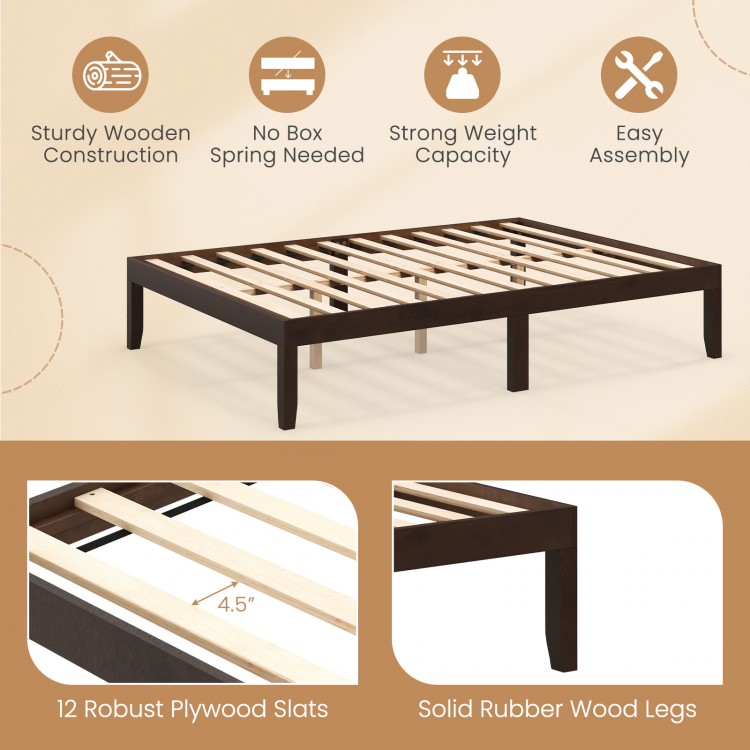 Full wood bed frame in espresso with sturdy wooden slats, rubber wood legs, and ample under-bed storage space.