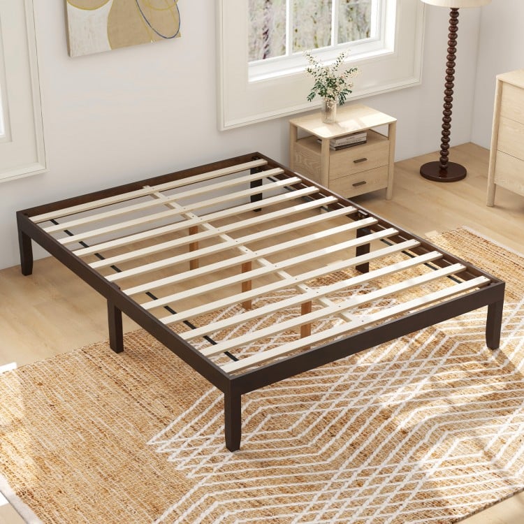 Queen size wood bed frame in espresso with wooden slats and rubber wood legs, designed for stability and storage.