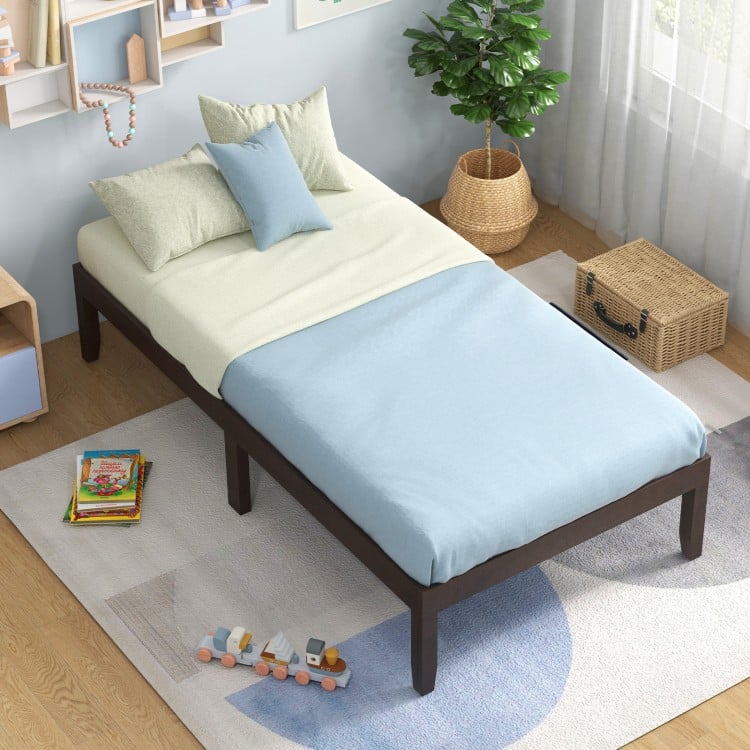 Twin wood platform bed frame in espresso with a minimalist design, featuring sturdy slats and ample under-bed storage.