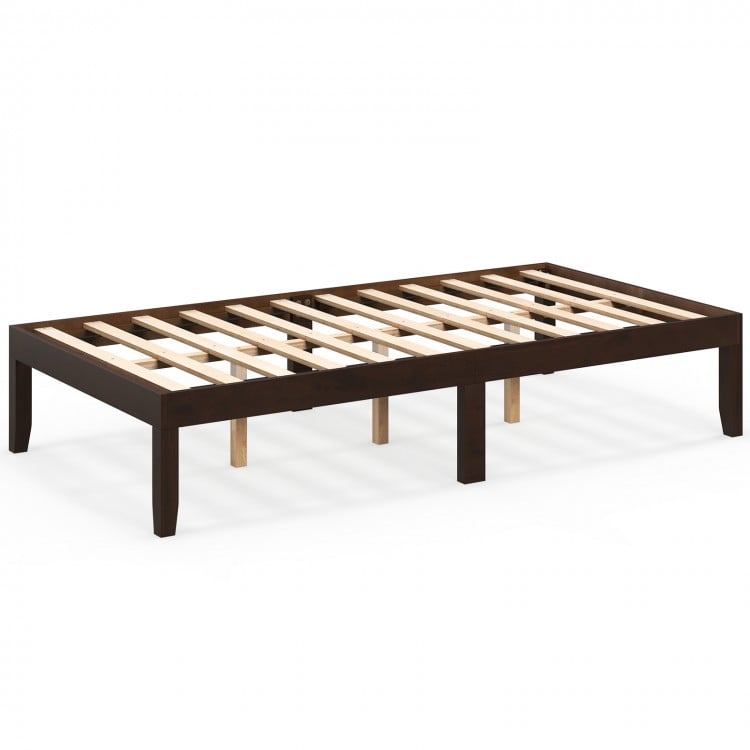 Twin wood platform bed frame in espresso with sturdy slats and five support legs for enhanced stability and storage.