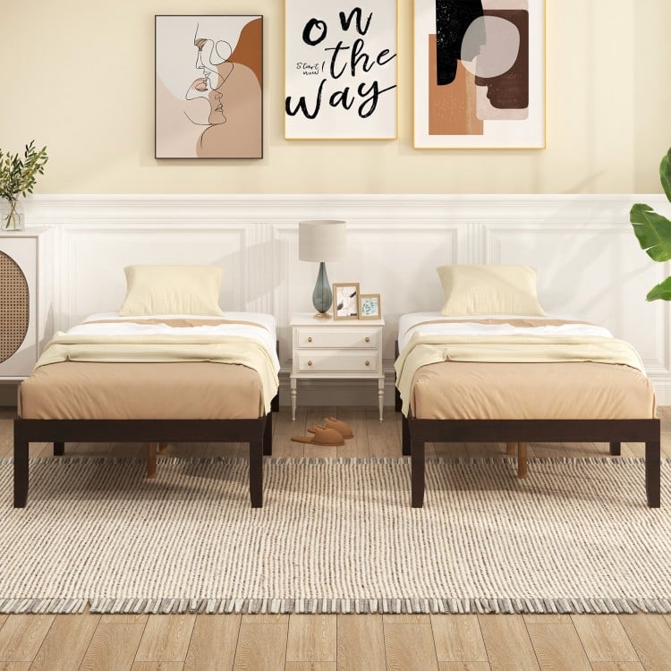 Twin wood platform bed frame in espresso with sturdy slats and minimalist design, perfect for stylish bedroom storage.
