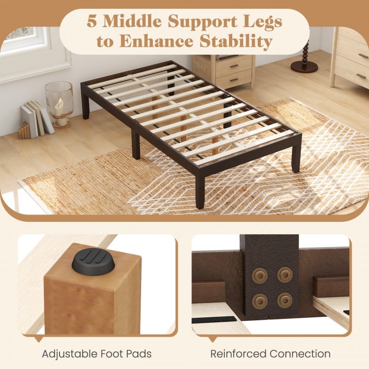 14-inch twin wood platform bed frame in espresso with 5 middle support legs for enhanced stability and adjustable foot.